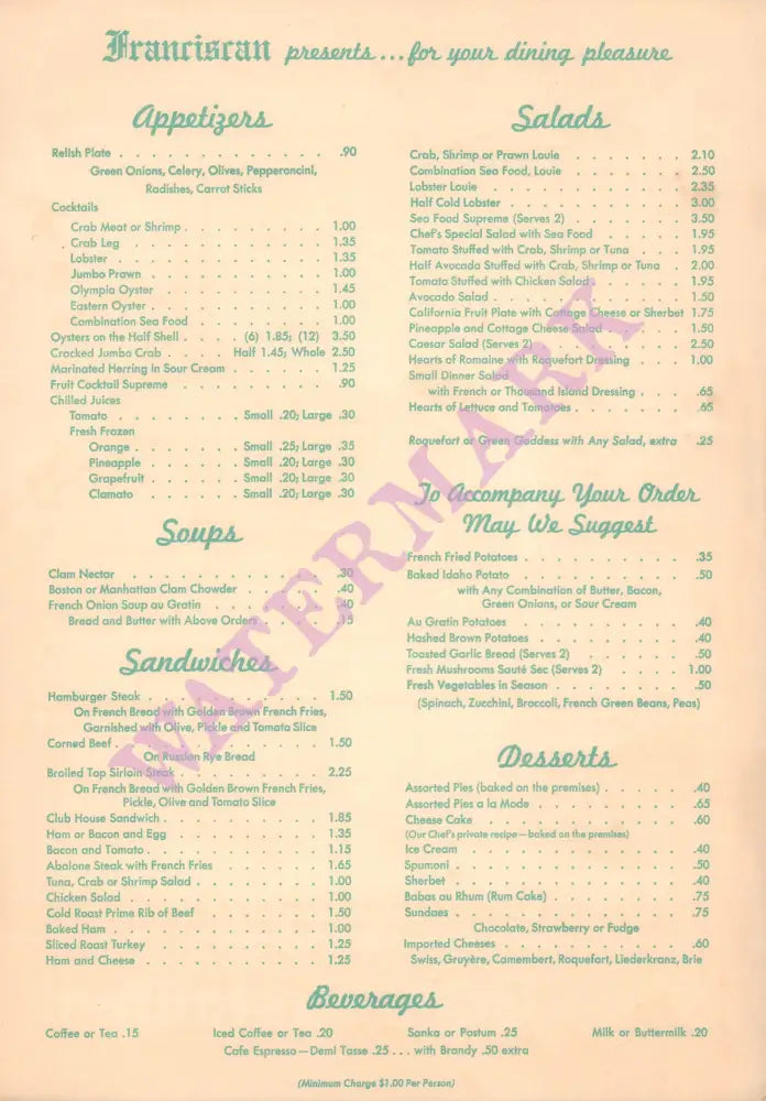 The Franciscan San Francisco 1950s Posters Prints & Visual Artwork