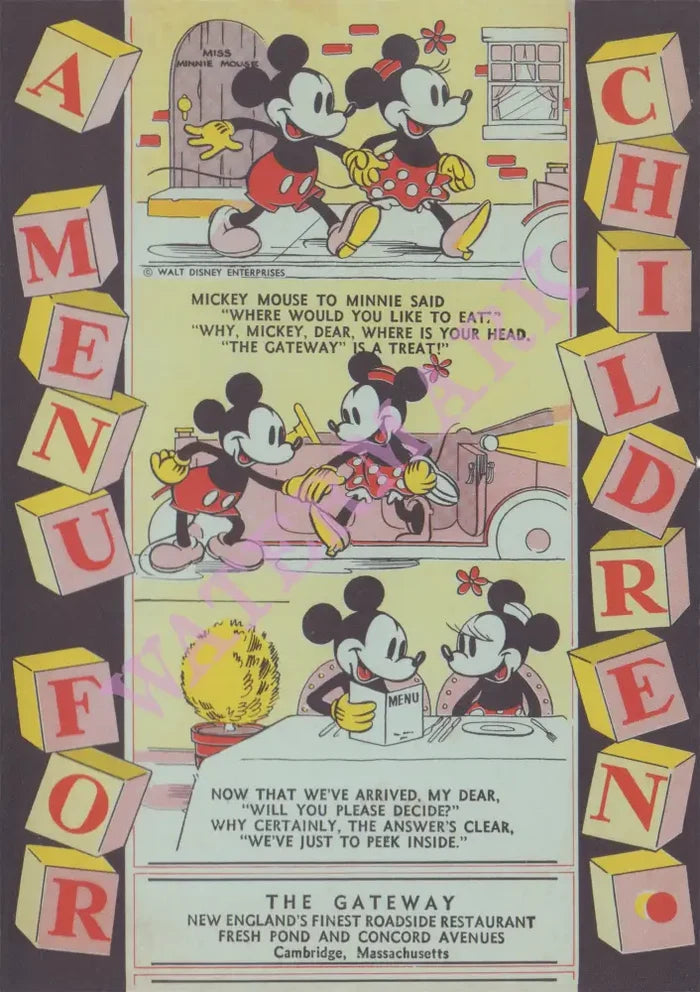 The Gateway Mickey & Minnie Mouse Menu For Children 1930s Menu Art