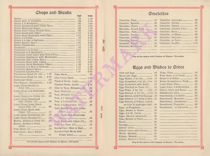 The Gem, New Orleans Circa 1913 Menu