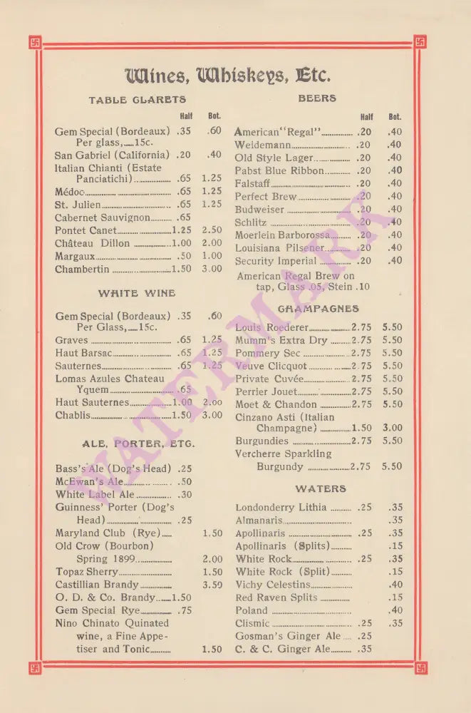 The Gem, New Orleans Circa 1913 wines menu