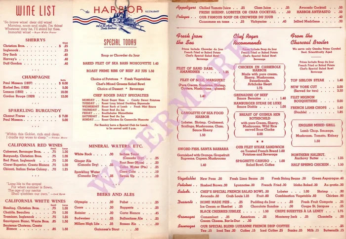 The Harbor, Santa Barbara 1940s menu
