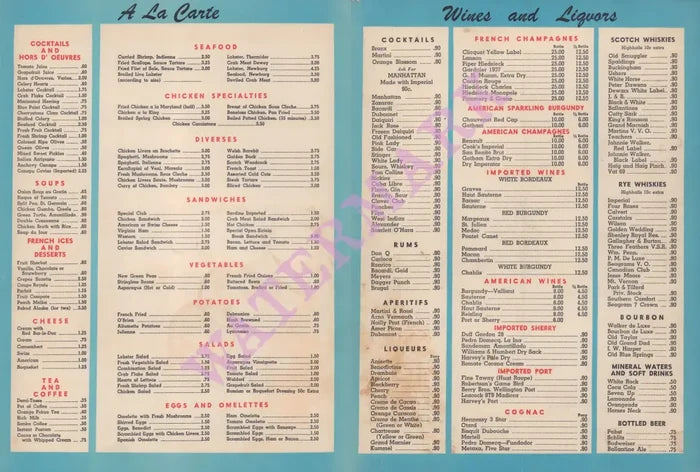 The Harem, New York 1950s Menu