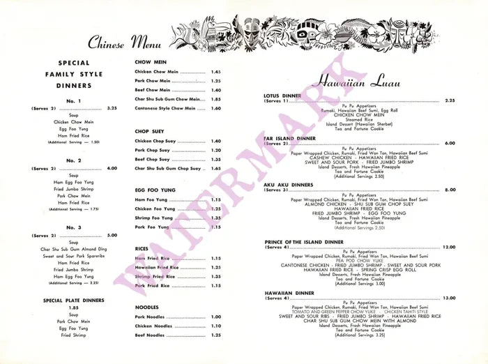 The Hawaiian, Salt Lake City 1970s Johnny Quong Menu