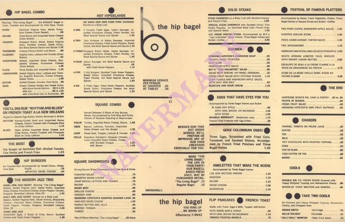 The Hip Bagel, New York 1960s Menu