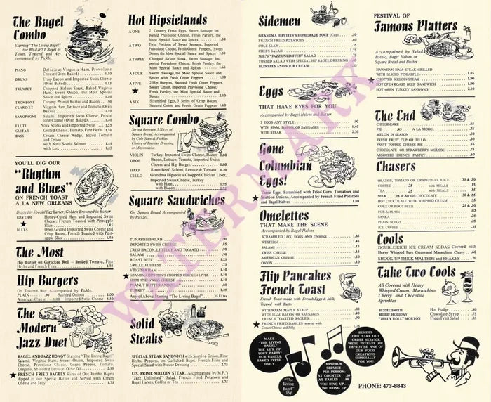 The Hip Bagel, New York 1970s Menu