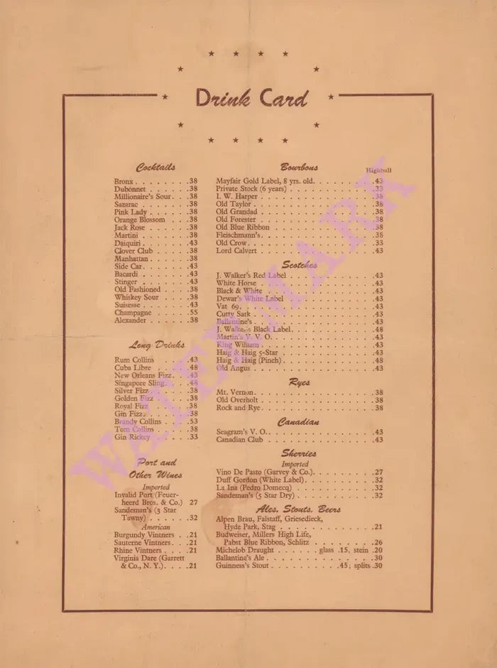 The Hofbrau and Cocktail Lounge, San Francisco 1945 Drink Card
