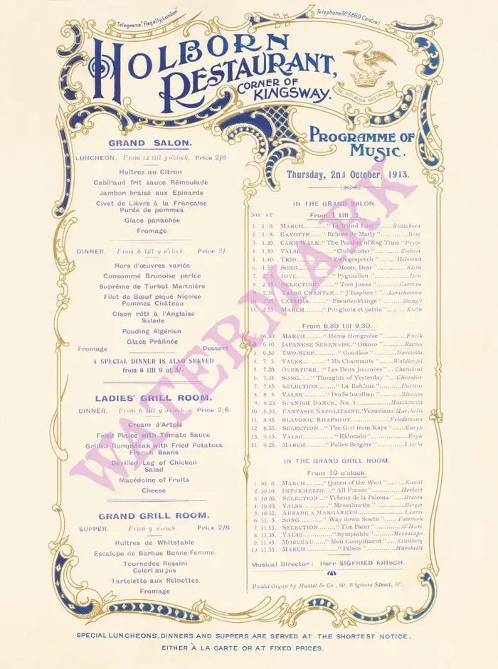 The Holborn Restaurant, London 1913 Menu Art