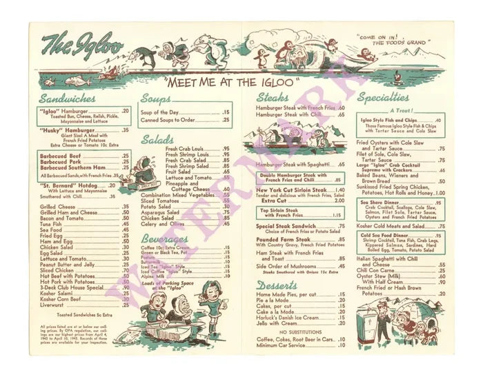 The Igloo, Seattle 1940s Menu