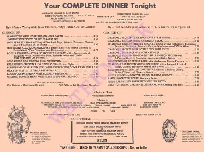 The Jumble Shop, New York 1960s Menu