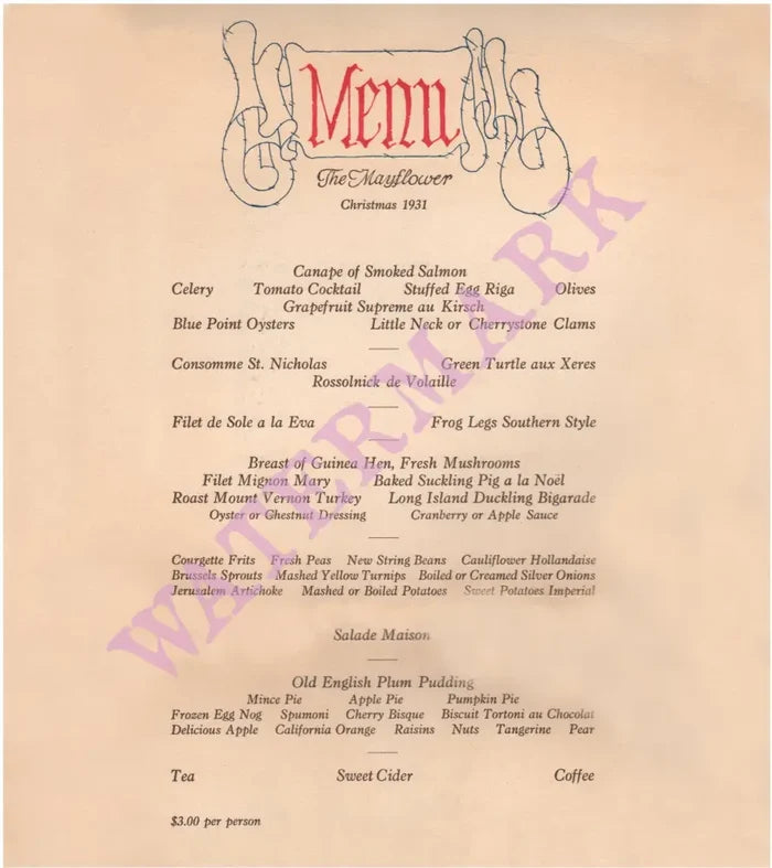 The Mayflower 1931 Christmas Menu