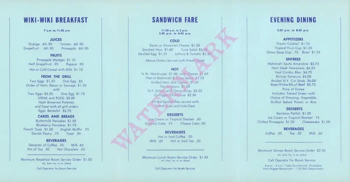 The Outrigger Hotel Room Service, Waikiki Beach 1960s Menu