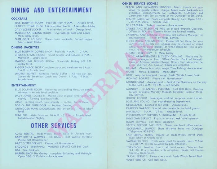 The Outrigger Hotel Room Service, Waikiki Beach 1960s