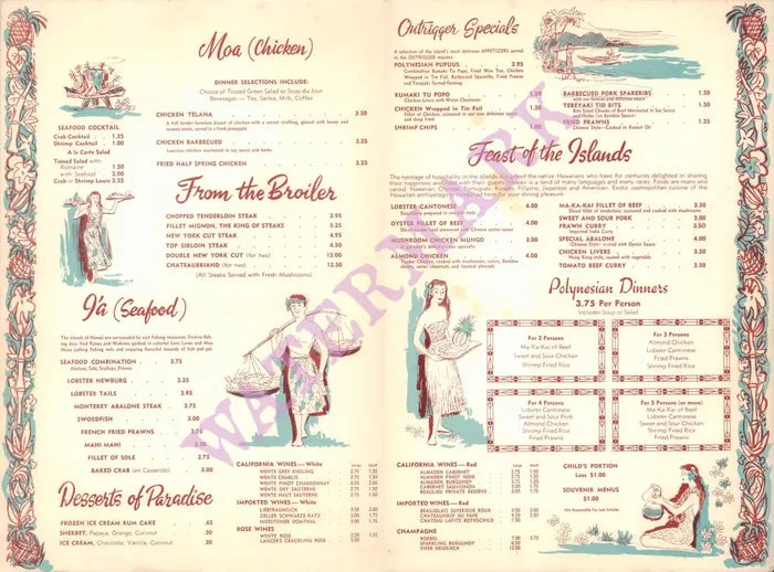 The Outrigger, Monterey 1960s Menu