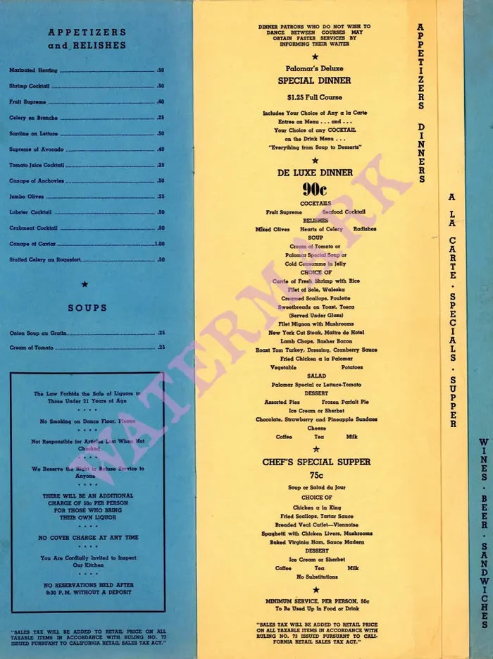 The Palomar Ballroom, Los Angeles 1930s Menu