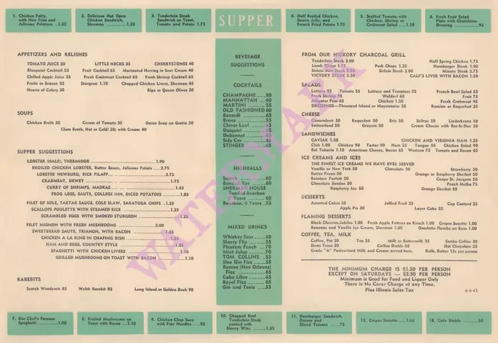 The Panther Room of The College Inn, Hotel Sherman Chicago 1943 Menu