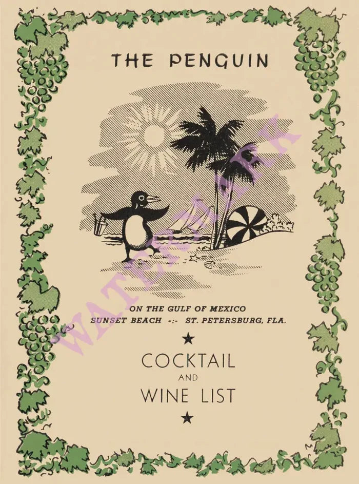 The Penguin, St Petersburg, Florida, 1950s menu art