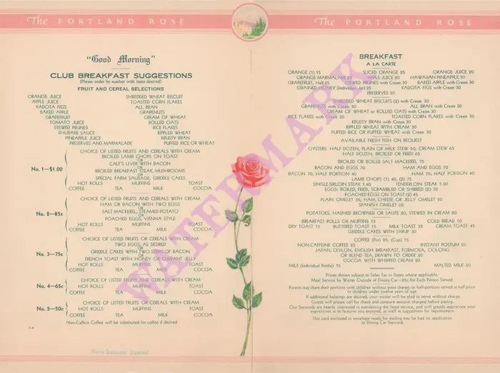 The Portland Rose, Dining Car 1950s Menu