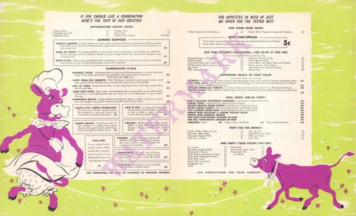 The Purple Cow, Chicago 1950s Menu