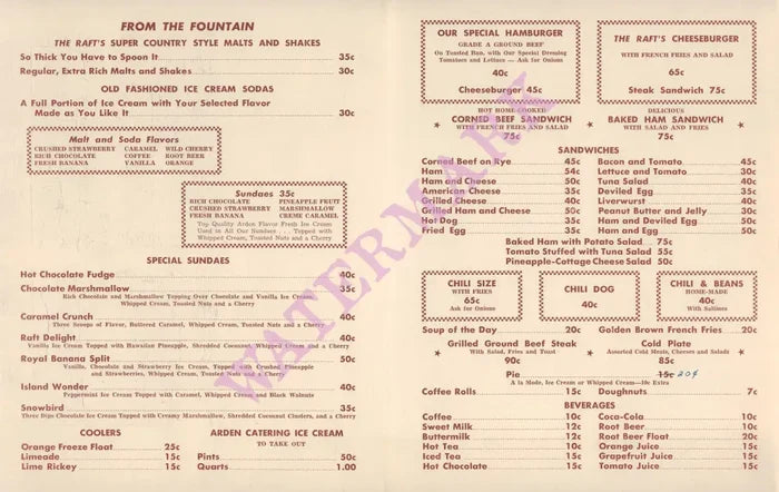 The Raft, Balboa Island 1950s Menu