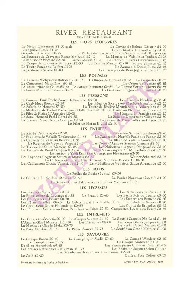 The Savoy, London 1975 Menu