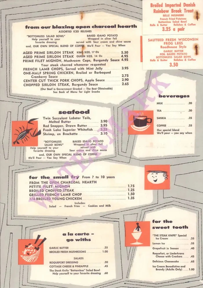 The Steak Knife, Detroit 1960s/70s Menu