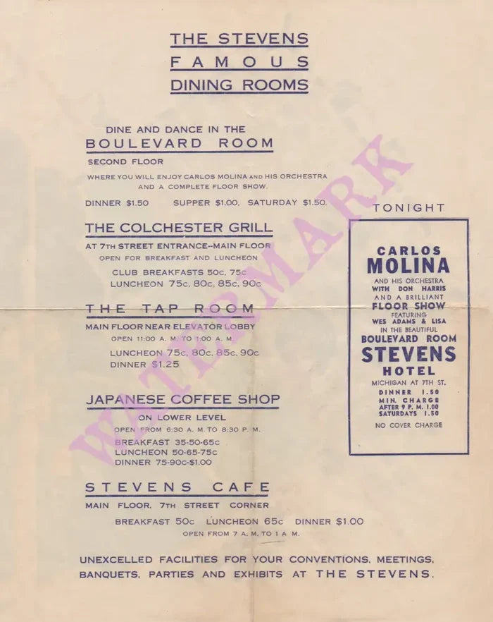 The Stevens Hotel Chicago 1940s Vintage Americana Menus