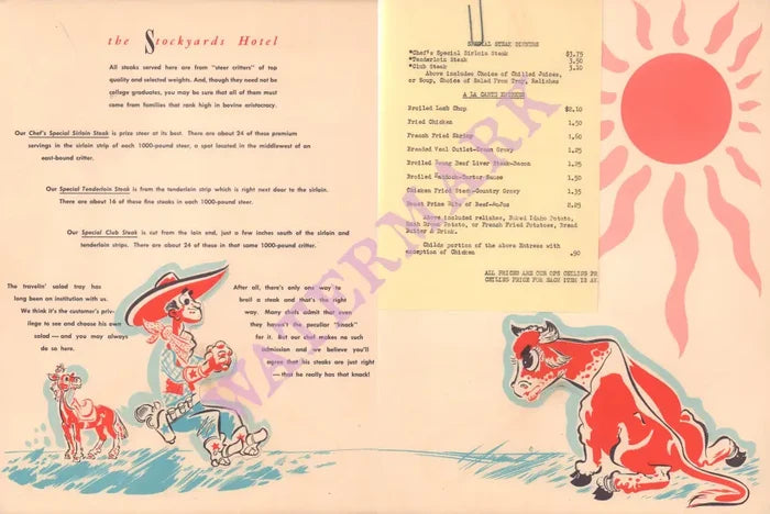 The Stockyards Hotel, Wichita 1950s Menu