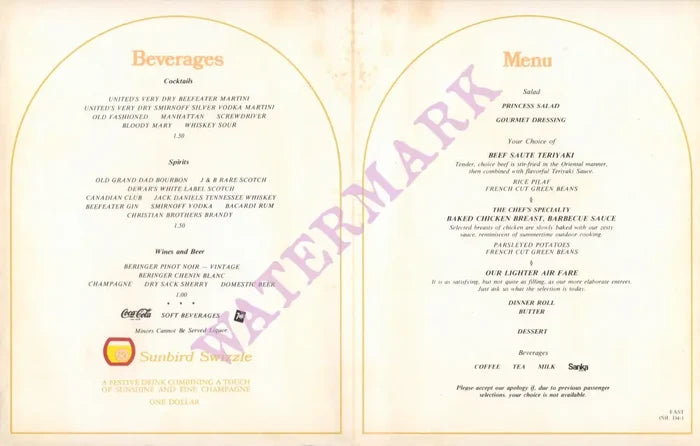 The Sunbird, United Airlines 1980s INFLIGHT MENU