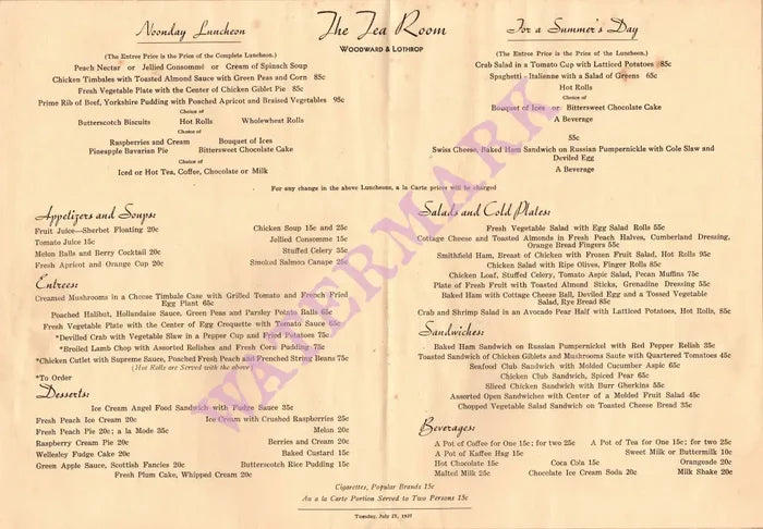The Tea Room, Woodward & Lothrop Washington D.C. 1937 Menu