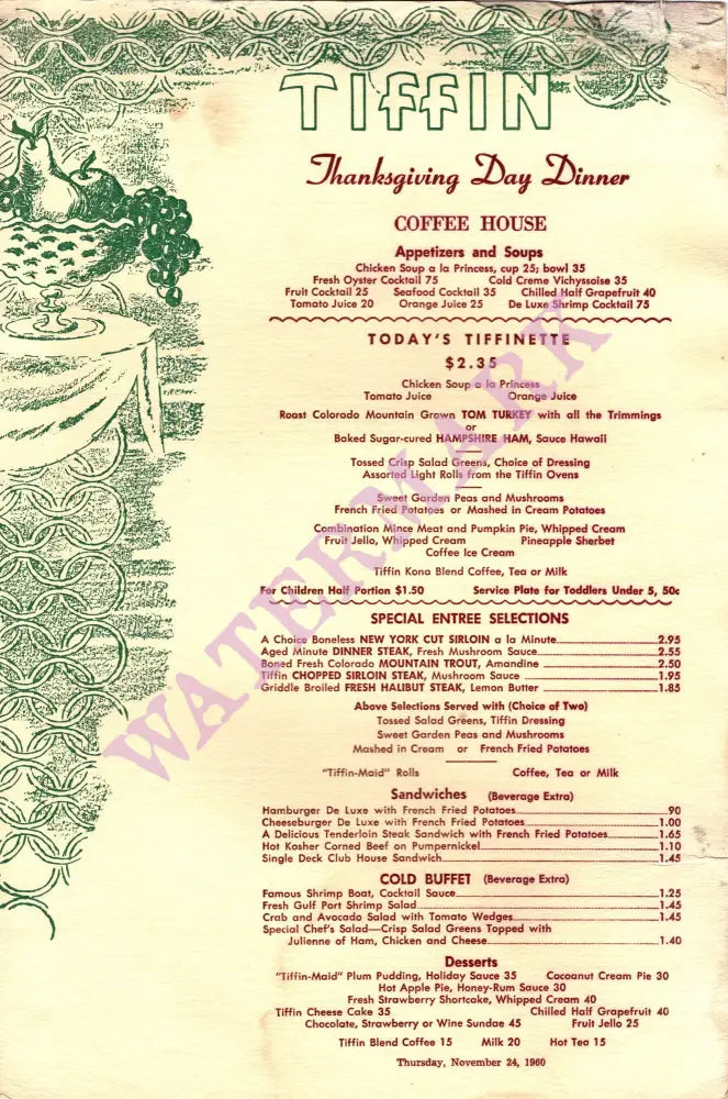 The Tiffin Coffee Shop, USA 1960 Menu