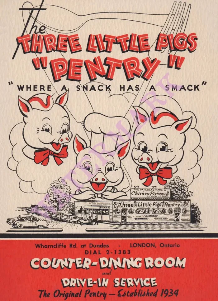 Three Little Pigs "Pentry", London Ontario 1950s Menu Art