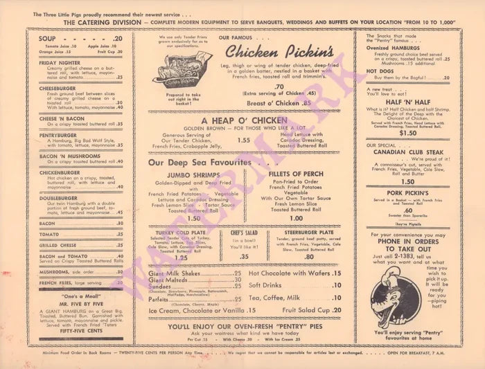 Three Little Pigs "Pentry", London Ontario 1950s Menu