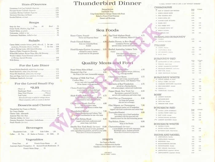 Thunderbird, Portland OR 1980s Menu