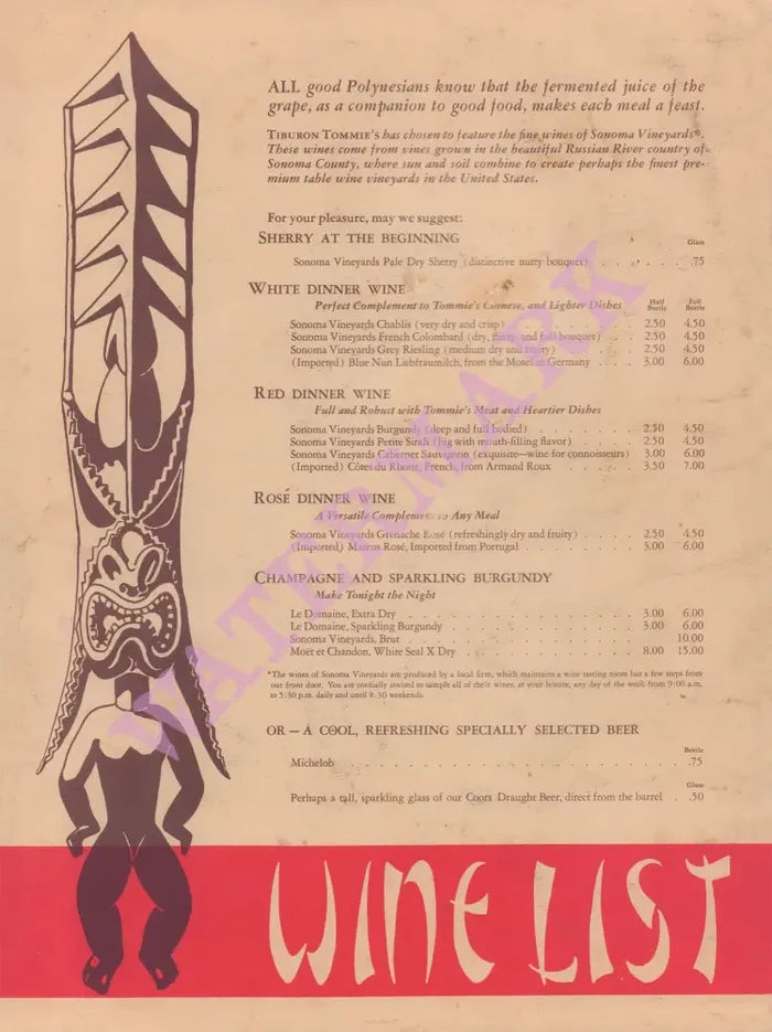 Tiburon Tommie's Mai Tai, Tiburon 1960s Wine List