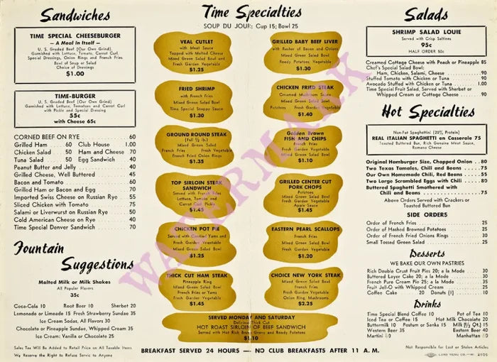 Time Diner 1930s Interior Menu