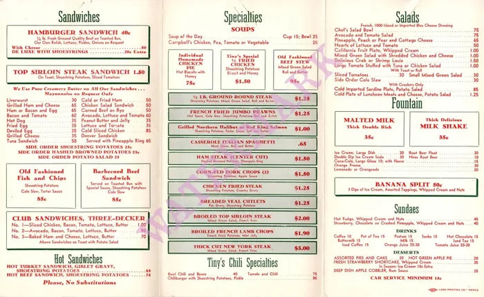 Tiny's Drive-in, San Jose 1950s Menu