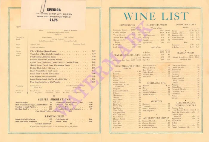 Tiny's Embassy Room, San Francisco 1940s Menu