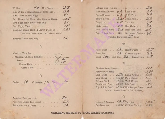 Tom & Mary's Polar Bear Café, Kodiak Alaska 1945 Menu