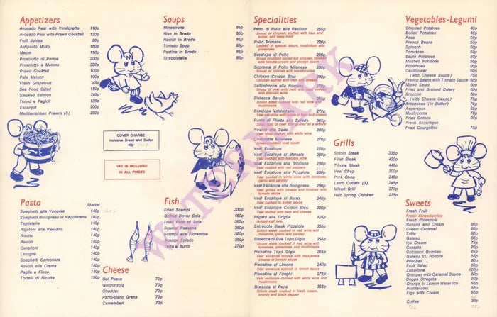 Topo Gigio, London 1970s Menu