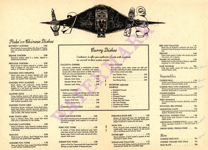 Trader Vic's Oakland, 1960s Menu