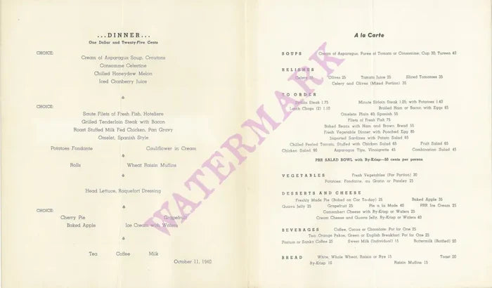Trip Of The President Of The United States from Washington D.C. October 1940 Vintage Americana Menus