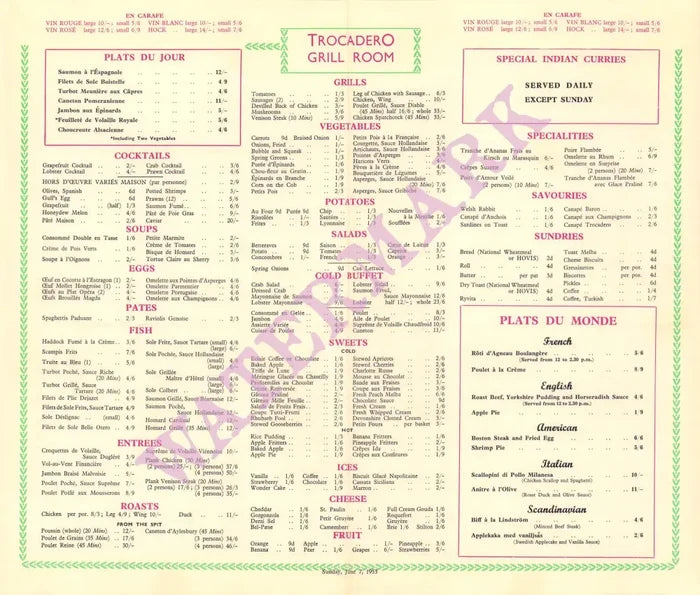 Trocadero Grill Room, London 1953 Menu