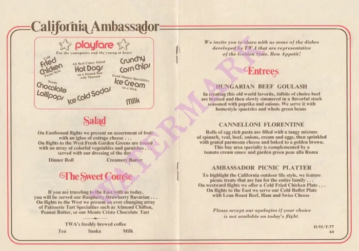 TWA Ambassador Service, Pittsburgh Menu 1970