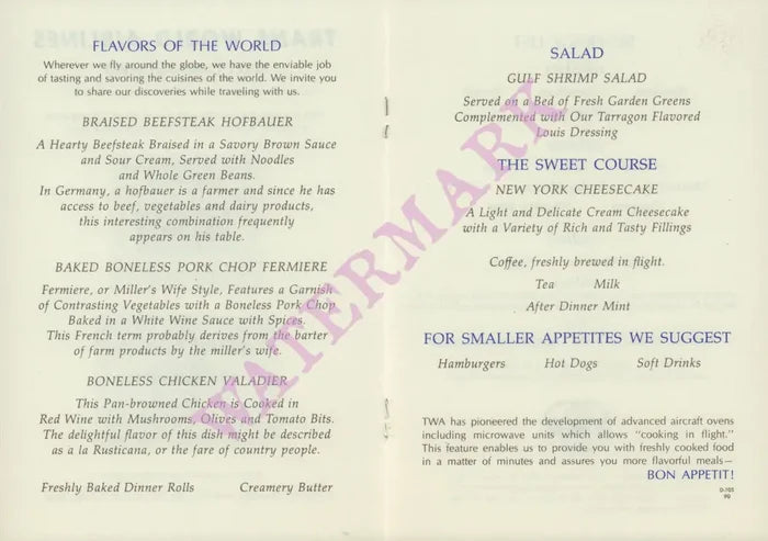 TWA HAWAII IN-FLIGHT MENU 1960S