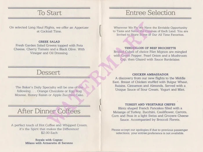 TWA In-flight Menu 1980s Menu