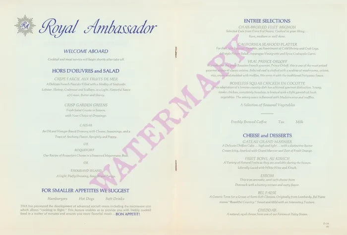 TWA Royal Ambassador First Class, 1960s menu