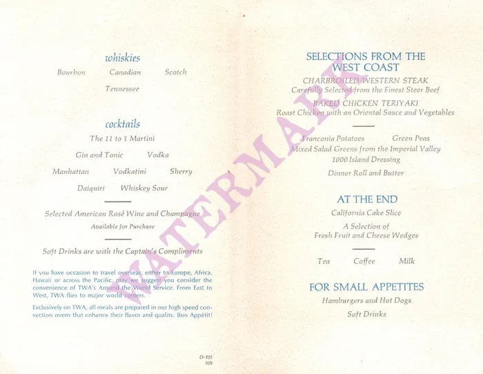 TWA, The Monterey Coast by David Klein, In-flight Menu 1965