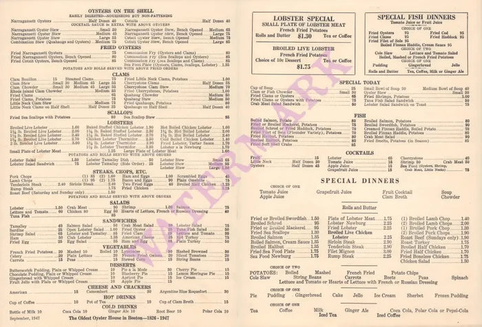 Union Oyster House, Boston 1947 Menu