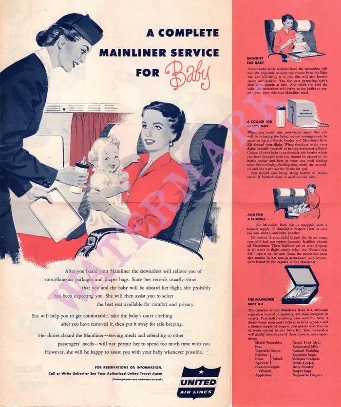 United Air Lines Mainliner Service for Baby, 1950s Menu