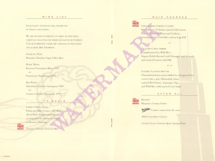 United Airlines, Taste of Chicago 1990s In-flight Menu